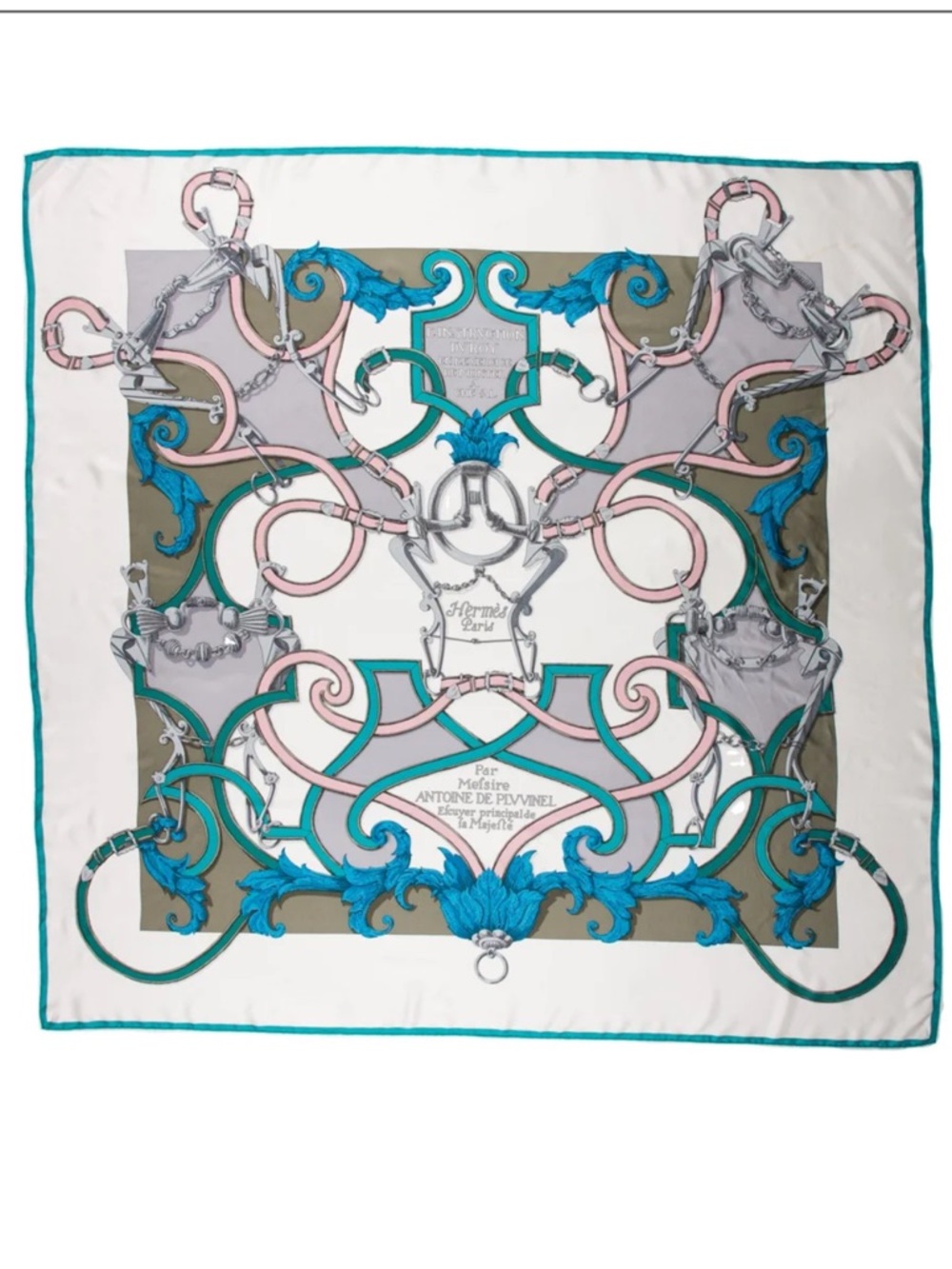 140 CM Hermès Silk Scarf in Teal, Pink, Gray and Cream - Picture 3 of 6